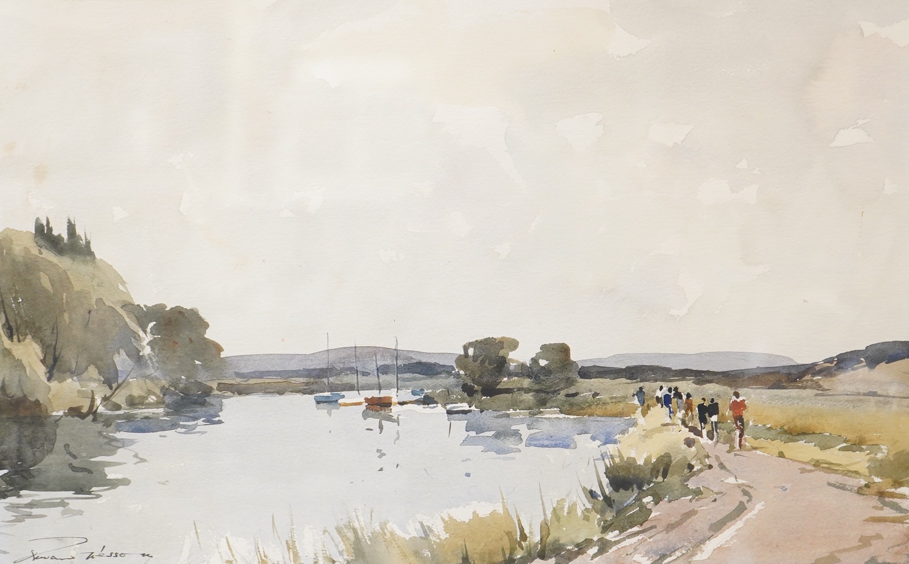 Edward Wesson RI RSMA (1910-1983), Riverscape with figures and fishing boats, signed, watercolour, 31 x 50cm